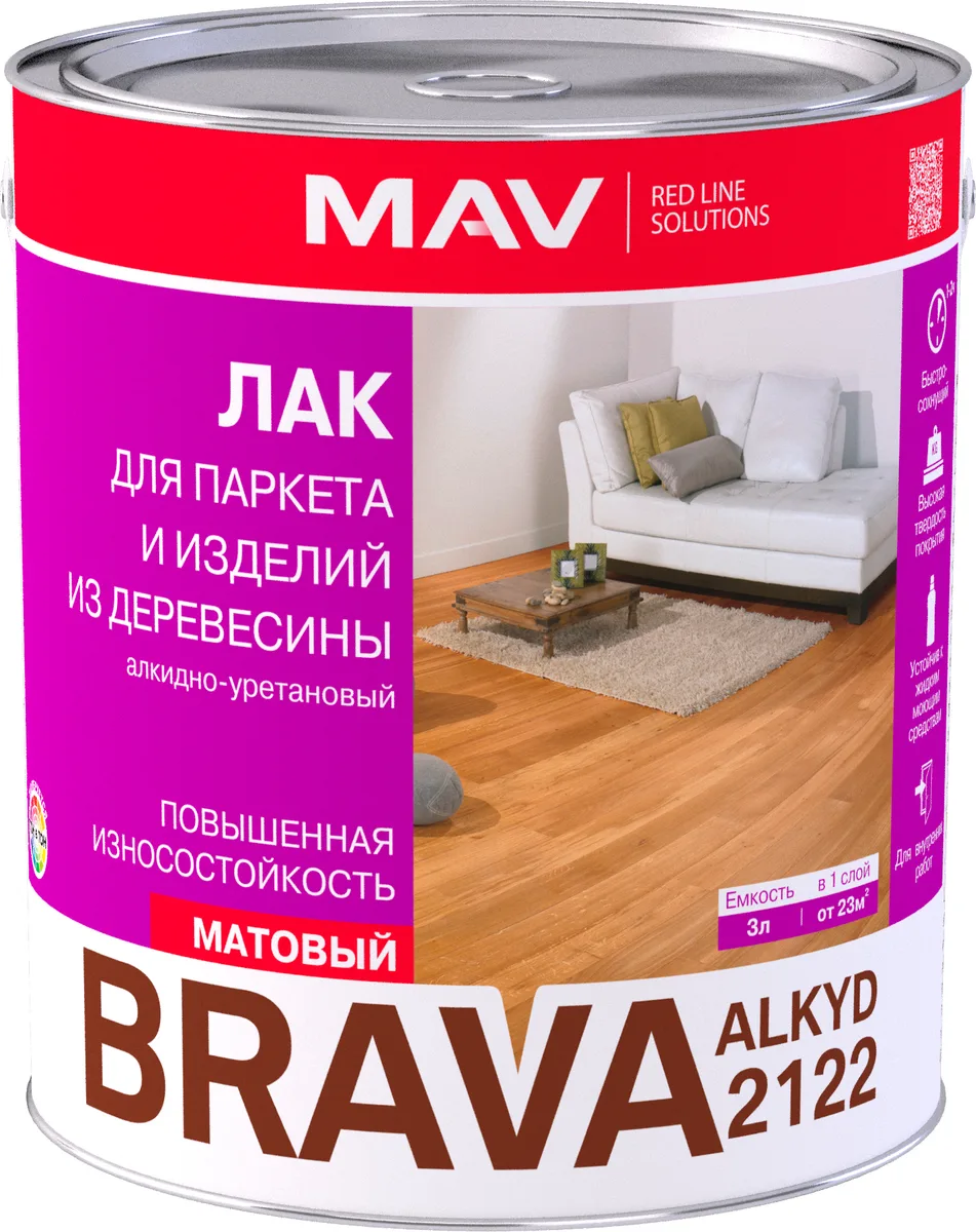 Лак BRAVA ALKYD 2122 для паркета и изделий из древесины (АУ-2122), бесцв, 3 л